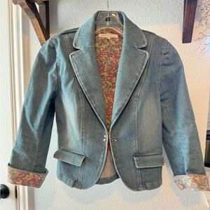 Rebecca Taylor Blue Denim Blazer Jacket with Floral Accents Size 2